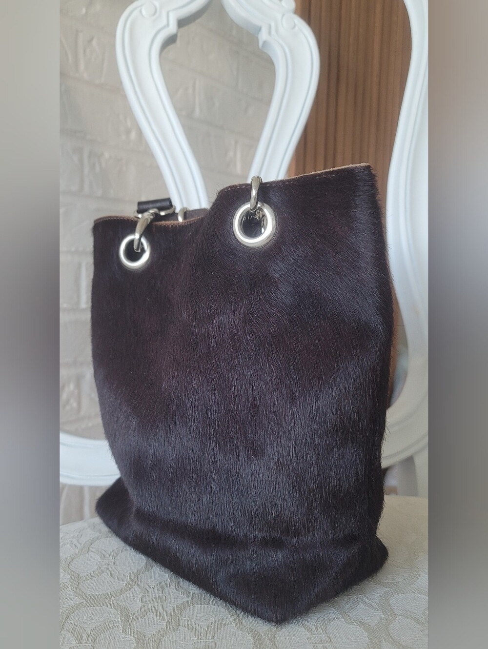 MAURIZIO TAIUTI Black Haircalf Tote Bag with Silver Hardware - Picture 3 of 8
